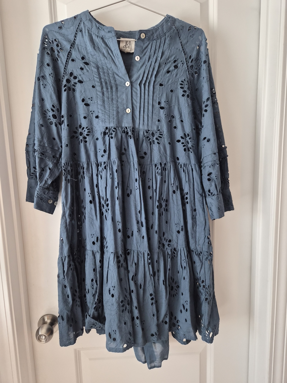 Women's Blue Eyelet Pintuck Tiered Midi Dress by dRA